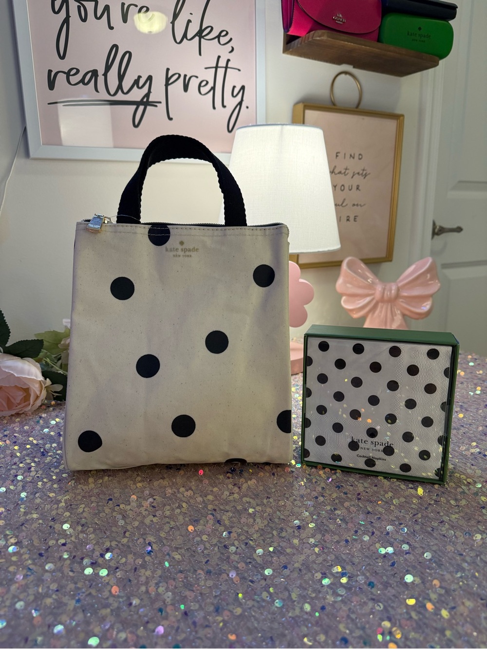 NWT kate spade Lunch Bag in a White & Black Polkadot Pattern + Cocktail Napkins